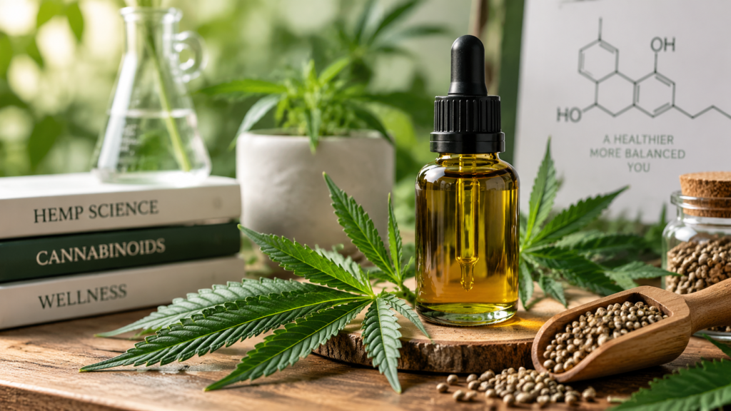 CBD oil bottle and hemp leaves representing cannabidiol education and hemp wellness research